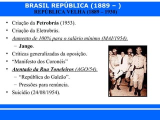 BRASIL REPÚBLICA (1889 – )
REPÚBLICA VELHA (1889 – 1930)

• Criação da Petrobrás (1953).
• Criação da Eletrobrás.
• Aumento de 100% para o salário mínimo (MAI/1954).
– Jango.
• Críticas generalizadas da oposição.
• “Manifesto dos Coronéis”
• Atentado da Rua Toneleiros (AGO/54).
– “República do Galeão”.
– Pressões para renúncia.
• Suicídio (24/08/1954).

iair@pop.com.br

Prof. Iair

 