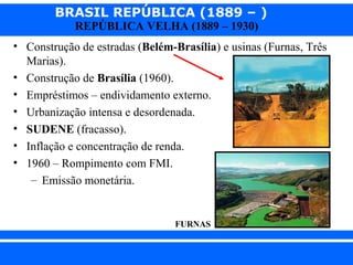 BRASIL REPÚBLICA (1889 – )
REPÚBLICA VELHA (1889 – 1930)

• Construção de estradas (Belém-Brasília) e usinas (Furnas, Três
Marias).
• Construção de Brasília (1960).
• Empréstimos – endividamento externo.
• Urbanização intensa e desordenada.
• SUDENE (fracasso).
• Inflação e concentração de renda.
• 1960 – Rompimento com FMI.
– Emissão monetária.

FURNAS

iair@pop.com.br

Prof. Iair

 