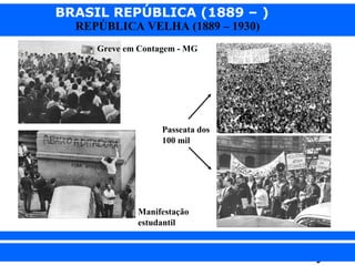 BRASIL REPÚBLICA (1889 – )
REPÚBLICA VELHA (1889 – 1930)
Greve em Contagem - MG

Passeata dos
100 mil

Manifestação
estudantil

iair@pop.com.br

Prof. Iair

 