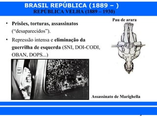 BRASIL REPÚBLICA (1889 – )
REPÚBLICA VELHA (1889 – 1930)

Pau de arara

• Prisões, torturas, assassinatos
(“desaparecidos”).
• Repressão intensa e eliminação da
guerrilha de esquerda (SNI, DOI-CODI,
OBAN, DOPS...)

Assassinato de Marighella

iair@pop.com.br

Prof. Iair

 