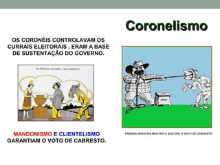 Coronelismo
 OS CORONÉIS CONTROLAVAM OS
CURRAIS ELEITORAIS . ERAM A BASE
 DE SUSTENTAÇÃO DO GOVERNO.




  MANDONISMO E CLIENTELISMO        FAMOSA GRAVURA MOSTRA O QUE ERA O VOTO DE CABRESTO

GARANTIAM O VOTO DE CABRESTO.
 