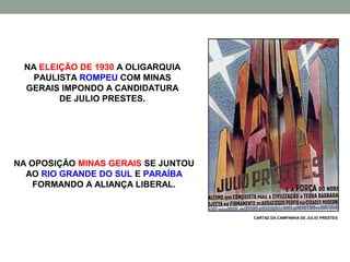 NA ELEIÇÃO DE 1930 A OLIGARQUIA
   PAULISTA ROMPEU COM MINAS
 GERAIS IMPONDO A CANDIDATURA
        DE JULIO PRESTES.




NA OPOSIÇÃO MINAS GERAIS SE JUNTOU
  AO RIO GRANDE DO SUL E PARAÍBA
    FORMANDO A ALIANÇA LIBERAL.


                                     CARTAZ DA CAMPANHA DE JULIO PRESTES
 