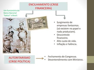 ENCILHAMENTO (CRISE
FINANCEIRA)
• Surgimento de
empresas fantasmas.
(só existem no papel e
nada produziam).
• Descontrole
financeiro.
• Alto custo de vida.
• Inflação e Falência.
AUTORITARISMO
(CRISE POLÍTICA)
• Fechamento do Congresso.
• Desentendimento com Ministros.
Um funcionário do
Banco Nacional
“batiza” o Brasil.
 