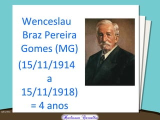 Wenceslau
Braz Pereira
Gomes (MG)
(15/11/1914
a
15/11/1918)
= 4 anos
 