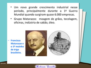 • Um novo grande crescimento industrial nesse
período, principalmente durante a 1ª Guerra
Mundial quando surgiram quase 6.000 empresas.
• Grupo Matarazzo: moagem de grãos, tecelagem,
oficinas, indústria de sabão, óleo.
– Francisco
Matarazzo e
o 1º moinho
de trigo
brasileiro.
 