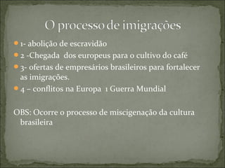 1- abolição de escravidão
2 -Chegada dos europeus para o cultivo do café
3- ofertas de empresários brasileiros para fortalecer
as imigrações.
4 – conflitos na Europa 1 Guerra Mundial
OBS: Ocorre o processo de miscigenação da cultura
brasileira
 