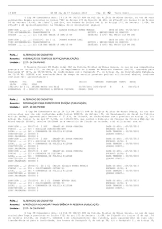 19 BPM                              BI NR 31, de 07 Outubro 2010         Pág: 20 /42     Visto Scmt:

             O Cap PM Comandante do(a) 24 CIA PM IND/15 RPM da Polícia Militar de Minas Gerais, no uso de suas
atribuições legais previstas no Inciso VIII do Artigo 173 do Decreto 11.636, de 29jan69 c/c Inciso II do Artigo
56 do Decreto 18.445, de 15abr77, publica, nos termos do Inciso XXXIII do Artigo 173, do Decreto 11.636, de
29jan69 a(s) apresentação(ões) na Unidade, do(s) militar(es) abaixo:

SERVIDOR ........: 150051-1 SD 1 CL    CARLOS RICELIO NUNES MORAIS           DATA DO ATO: 05/10/2010
TIPO MOVIMENTACAO: TRANSFERENCIA                             MOTIVO : NECESSIDADE DO SERVICO
ORIGEM ..........: 221 CIA ENS TREIN/19 BPM/15 RP            DESTINO: 3 GP/3 PEL PM/24 CIA PM IND

SERVIDOR ........: 150102-2 SD 1 CL    JOHNNY WINTER LEAL                          DATA DO ATO: 05/10/2010
TIPO MOVIMENTACAO: TRANSFERENCIA                                   MOTIVO : NECESSIDADE DO SERVICO
ORIGEM ..........: 221 CIA ENS TREIN/19 BPM/15 RP                  DESTINO: 3 GP/3 PEL PM/24 CIA PM IND



 Parte...:   ALTERACAO DE CADASTRO
 Assunto.:   AVERBAÇÃO DE TEMPO DE SERVIÇO (PUBLICAÇÃO)
 Unidade.:   2227 - 24 CIA PM IND

            O Tenente-Coronel PM Chefe do(a) CAP da Polícia Militar de Minas Gerais, no uso de sua competência
prevista no Inciso VIII, do Artigo 19, do Regulamento do Sistema de Recursos Humanos (R-103), aprovado pela
Resolução Nº 3875, de 08/08/2006, de conformidade com o Parágrafo 7º, do Artigo 36, da Constituição Estadual,
de 21/09/89, DEFERE a(s) averbação(ões) de tempo de serviço prestado pelo(s) militar(es) abaixo, conforme
certidão(ões) apresentada(s):

 NUMERO    P/G         NOME                              INICIO         TERMINO   VANTAGEM   TEMPO     ANOS/
 (S/N)    (E/A)   DIAS
146252-2 SD 1 CL ARIANE MATOS DOS REIS                   03/09/2001 30/09/2007       N         A     0003/229
AVERBACAO: 10 - SERVICO PRESTADO A EMPRESA PRIVADA       ORGAO: INSS



 Parte...:   ALTERACAO DE CADASTRO
 Assunto.:   DESIGNAÇÃO PARA EXERCÍCIO DE FUNÇÃO (PUBLICAÇÃO)
 Unidade.:   2227 - 24 CIA PM IND

             O Cap PM Comandante do(a) 24 CIA PM IND/15 RPM da Polícia Militar de Minas Gerais, no uso das
atribuições que lhe são conferidas pelo Inciso XXXIII, do Artigo 173, do Regulamento do Geral da Polícia
Militar (RGPM), aprovado pelo Decreto nº 11.636, de 29Jan69, de conformidade com o previsto no Artigo 15, c/c
Artigo 26, Inciso I, da Lei Nº 5.301, de 16/10/1969, que contém o Estatuto de Pessoal da Polícia Militar de
Minas Gerais (EPPM), resolve DESIGNAR para exercício de função na Unidade, o(s) militar(es) abaixo:

SERVIDOR ....:   090171-0 2 SGT     SEBASTIAO SOUSA PEREIRA                       DATA DO ATO: .:05/10/2010
FUNCAO ......:   034 - AUXILIAR ADMINISTRATIVO                                    ENCARGO (S/N): S
LOCAL .......:   041 - COMPANHIA DE POLICIA MILITAR                               DATA TERMINO : 00/00/0000
SUBSTITUIDO .:   000000 0                                                         QUADRO SUBST.:
SERV.PASSAGEM:   000000 0
SERVIDOR ....:   090171-0 2 SGT     SEBASTIAO SOUSA PEREIRA                       DATA DO ATO: .:05/10/2010
FUNCAO ......:   073 - AUXILIAR DE ESTATISTICA                                    ENCARGO (S/N): S
LOCAL .......:   041 - COMPANHIA DE POLICIA MILITAR                               DATA TERMINO : 00/00/0000
SUBSTITUIDO .:   000000 0                                                         QUADRO SUBST.:
SERV.PASSAGEM:   000000 0
SERVIDOR ....:   090171-0 2 SGT     SEBASTIAO SOUSA PEREIRA                       DATA DO ATO: .:05/10/2010
FUNCAO ......:   232 - OPERADOR DE SISTEMAS                                       ENCARGO (S/N): S
LOCAL .......:   041 - COMPANHIA DE POLICIA MILITAR                               DATA TERMINO : 00/00/0000
SUBSTITUIDO .:   000000 0                                                         QUADRO SUBST.:
SERV.PASSAGEM:   000000 0

SERVIDOR ....:   150051-1 SD 1 CL CARLOS RICELIO NUNES MORAIS                     DATA DO ATO: .:05/10/2010
FUNCAO ......:   239 - POLICIAMENTO OSTENSIVO                                     ENCARGO (S/N): N
LOCAL .......:   041 - COMPANHIA DE POLICIA MILITAR                               DATA TERMINO : 00/00/0000
SUBSTITUIDO .:   000000 0                                                         QUADRO SUBST.:
SERV.PASSAGEM:   000000 0

SERVIDOR ....:   150102-2 SD 1 CL JOHNNY WINTER LEAL                              DATA DO ATO: .:05/10/2010
FUNCAO ......:   239 - POLICIAMENTO OSTENSIVO                                     ENCARGO (S/N): N
LOCAL .......:   041 - COMPANHIA DE POLICIA MILITAR                               DATA TERMINO : 00/00/0000
SUBSTITUIDO .:   000000 0                                                         QUADRO SUBST.:
SERV.PASSAGEM:   000000 0



 Parte...:   ALTERACAO DE CADASTRO
 Assunto.:   AFASTADO P/ AGUARDAR TRANSFERÊNCIA P/ RESERVA (PUBLICAÇÃO)
 Unidade.:   2227 - 24 CIA PM IND

            O Cap PM Comandante do(a) 24 CIA PM IND/15 RPM da Polícia Militar de Minas Gerais, no uso de suas
atribuições legais previstas no Inciso VIII do art 173 do Decreto 11.636, de 29jan69 c/c inciso II do art. 56
do Decreto 18.445, de 15abr77, CONCEDE o(s) afastamento(s) das funções, para aguardar(em) em casa a(s)
transferência(s) para a inatividade, nos termos do Parágrafo 6, do Artigo 36, c/c o Parágrafo 11, do Artigo 39,
 