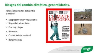 Riesgos del cambio climático, generalidades.
Potenciales efectos del cambio
climático:
• Rendimientos
• Desplazamiento y m...