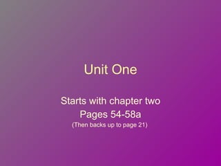 Unit One Starts with chapter two Pages 54-58a (Then backs up to page 21)  