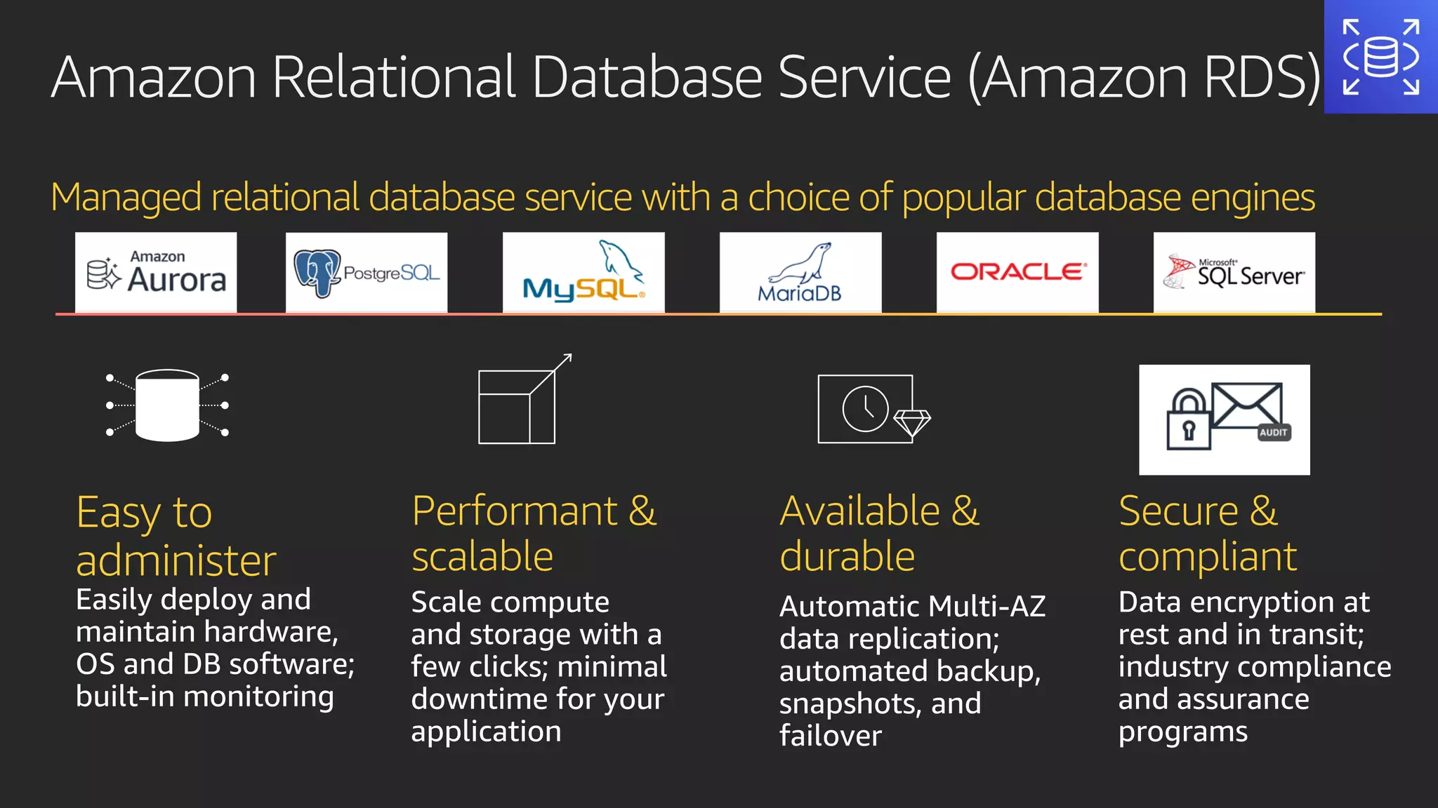 Easily deploy and
maintain hardware,
OS and DB software;
built-in monitoring
Scale compute
and storage with a
few clicks; minimal
downtime for your
application
Automatic Multi-AZ
data replication;
automated backup,
snapshots, and
failover
Data encryption at
rest and in transit;
industry compliance
and assurance
programs
Amazon Relational Database Service (Amazon RDS)
Managed relational database service with a choice of popular database engines
Easy to
administer
Performant &
scalable
Available &
durable
Secure &
compliant
 