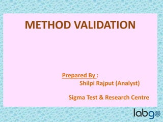 METHOD VALIDATION
Prepared By :
Shilpi Rajput (Analyst)
Sigma Test & Research Centre
 