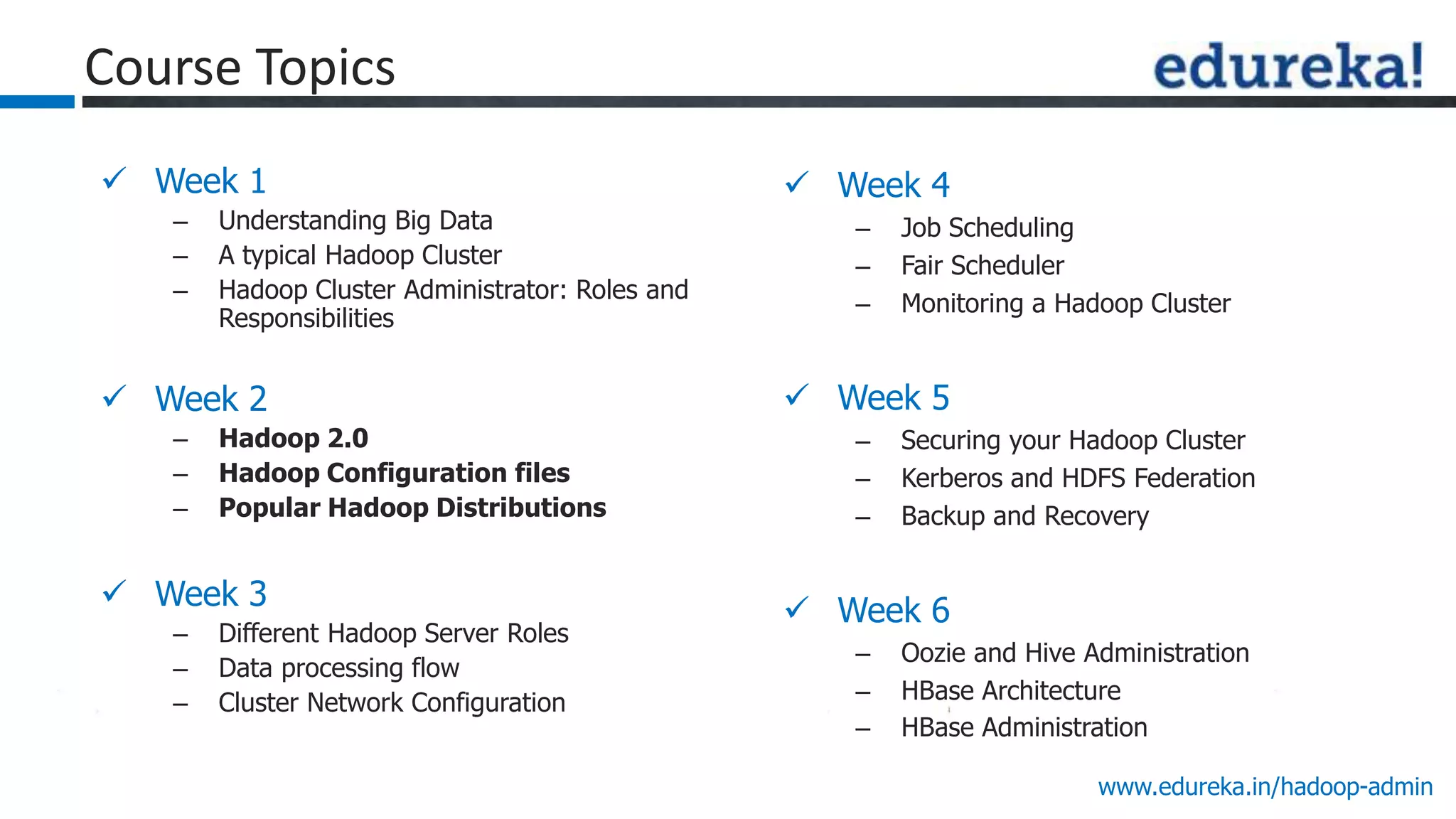www.edureka.in/hadoop-admin
Course Topics
 Week 1
– Understanding Big Data
– A typical Hadoop Cluster
– Hadoop Cluster Administrator: Roles and
Responsibilities
 Week 2
– Hadoop 2.0
– Hadoop Configuration files
– Popular Hadoop Distributions
 Week 3
– Different Hadoop Server Roles
– Data processing flow
– Cluster Network Configuration
 Week 4
– Job Scheduling
– Fair Scheduler
– Monitoring a Hadoop Cluster
 Week 5
– Securing your Hadoop Cluster
– Kerberos and HDFS Federation
– Backup and Recovery
 Week 6
– Oozie and Hive Administration
– HBase Architecture
– HBase Administration
 