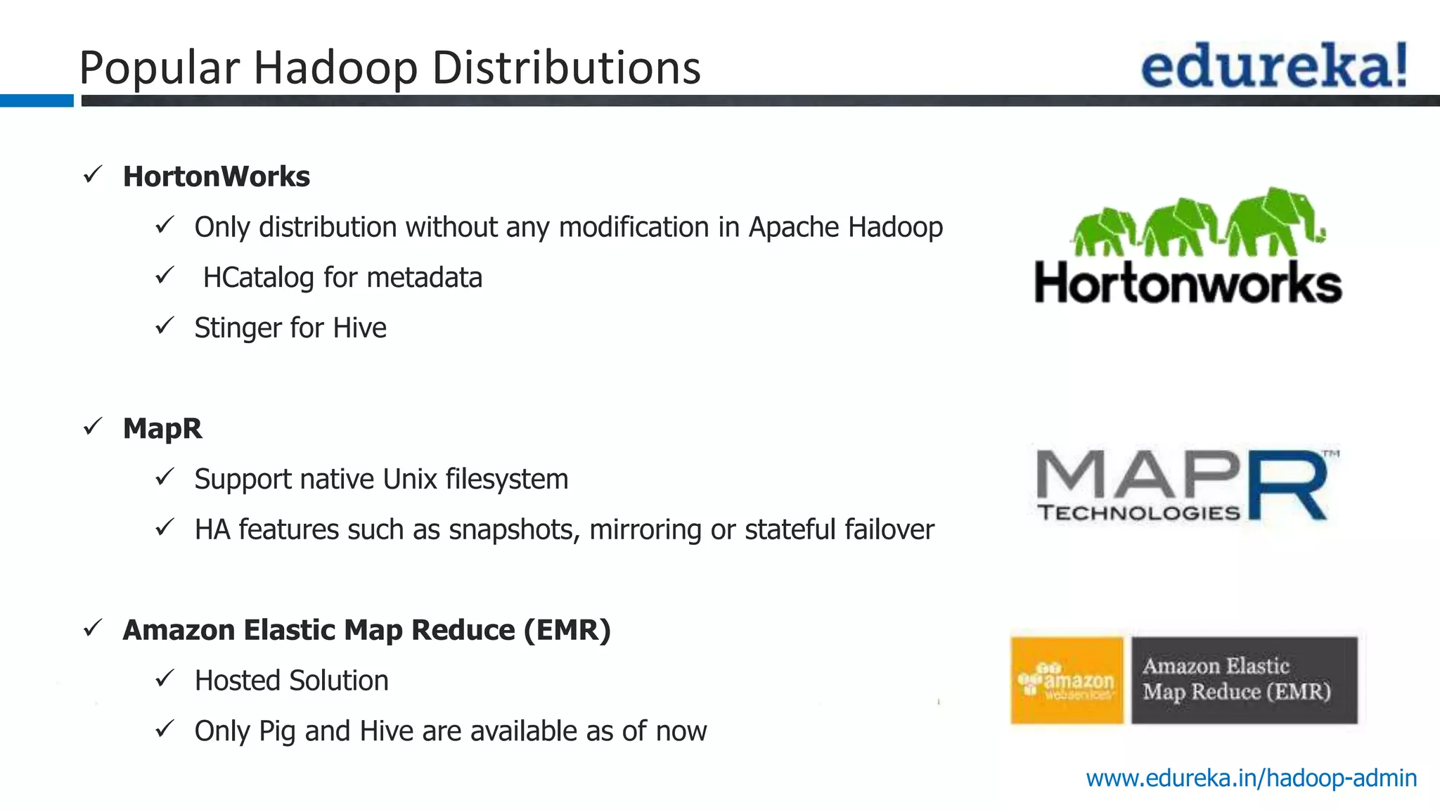 www.edureka.in/hadoop-admin
 HortonWorks
 Only distribution without any modification in Apache Hadoop
 HCatalog for metadata
 Stinger for Hive
 MapR
 Support native Unix filesystem
 HA features such as snapshots, mirroring or stateful failover
 Amazon Elastic Map Reduce (EMR)
 Hosted Solution
 Only Pig and Hive are available as of now
Popular Hadoop Distributions
 