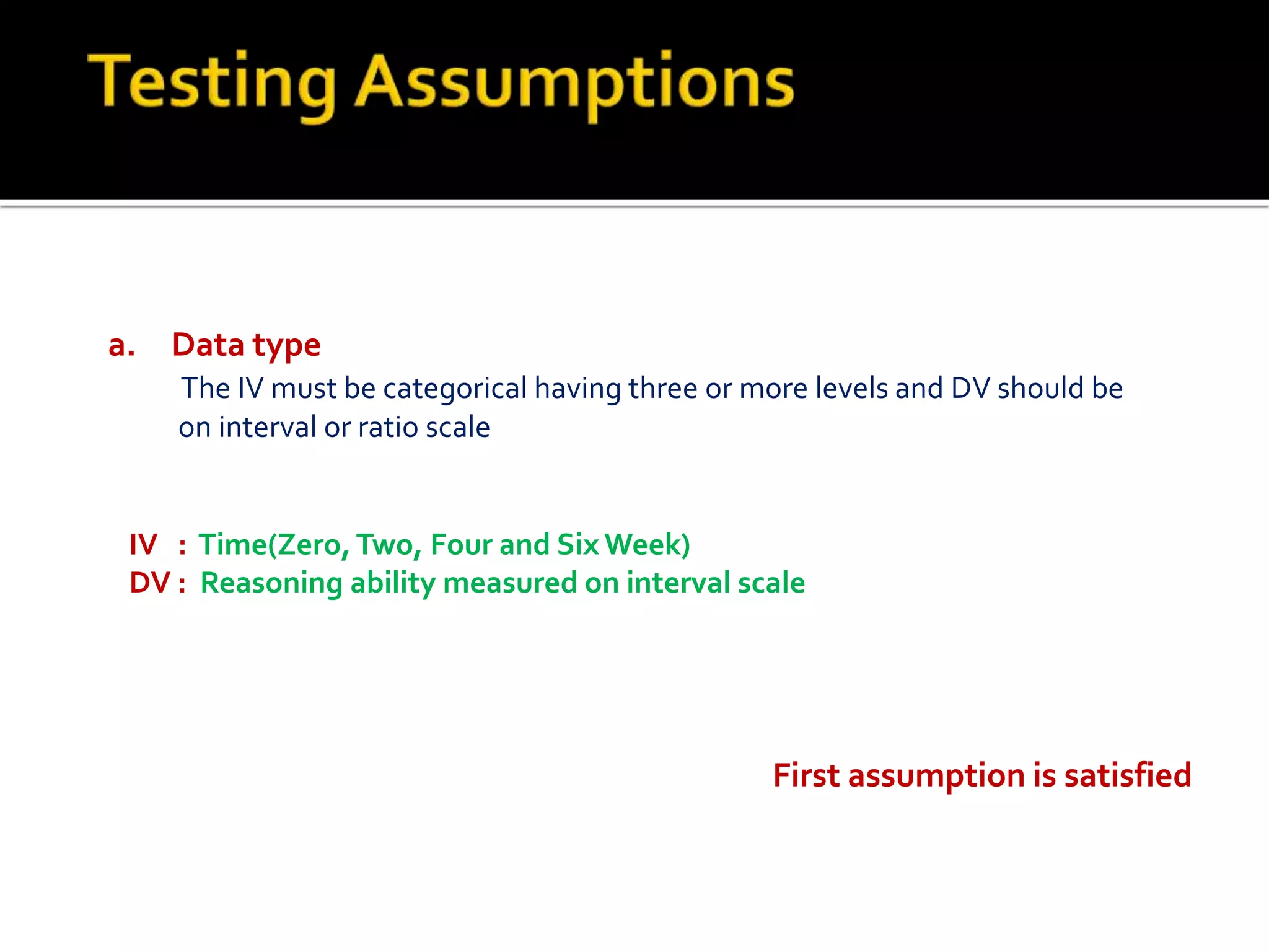 a. Data type
The IV must be categorical having three or more levels and DV should be
on interval or ratio scale
IV : Time(Zero,Two, Four and Six Week)
DV : Reasoning ability measured on interval scale
First assumption is satisfied
 