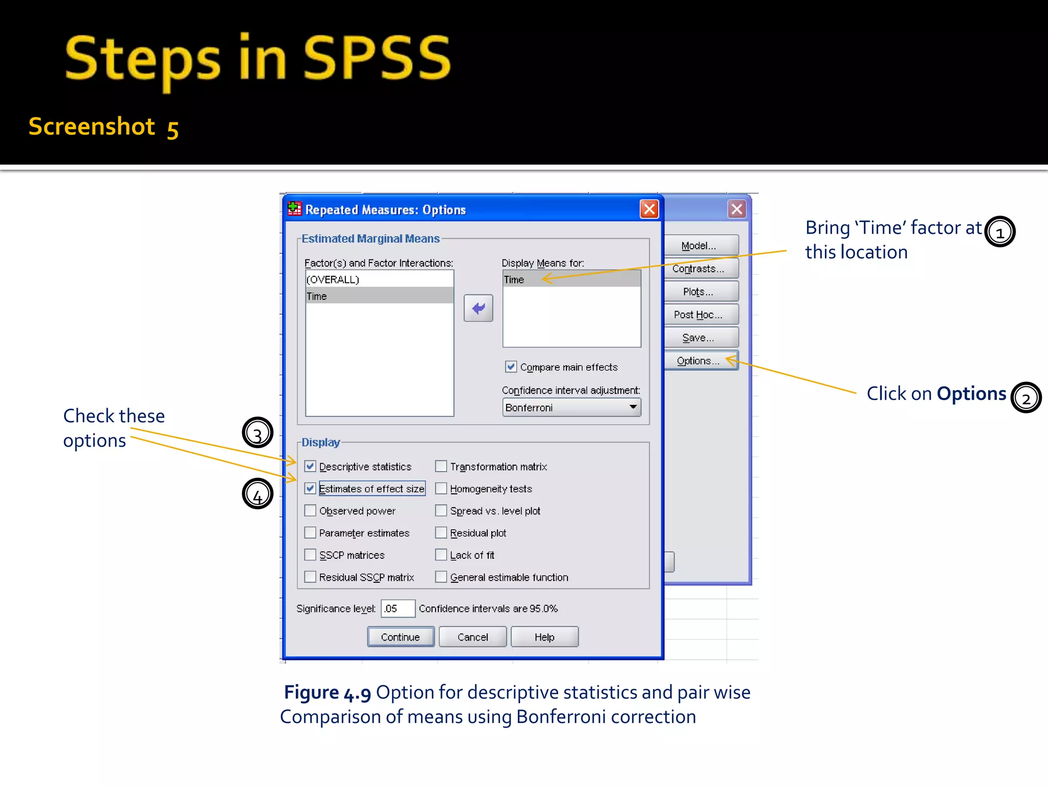 Screenshot 5
Figure 4.9 Option for descriptive statistics and pair wise
Comparison of means using Bonferroni correction
Click on Options
Bring ‘Time’ factor at
this location
Check these
options
1
2
3
4
 