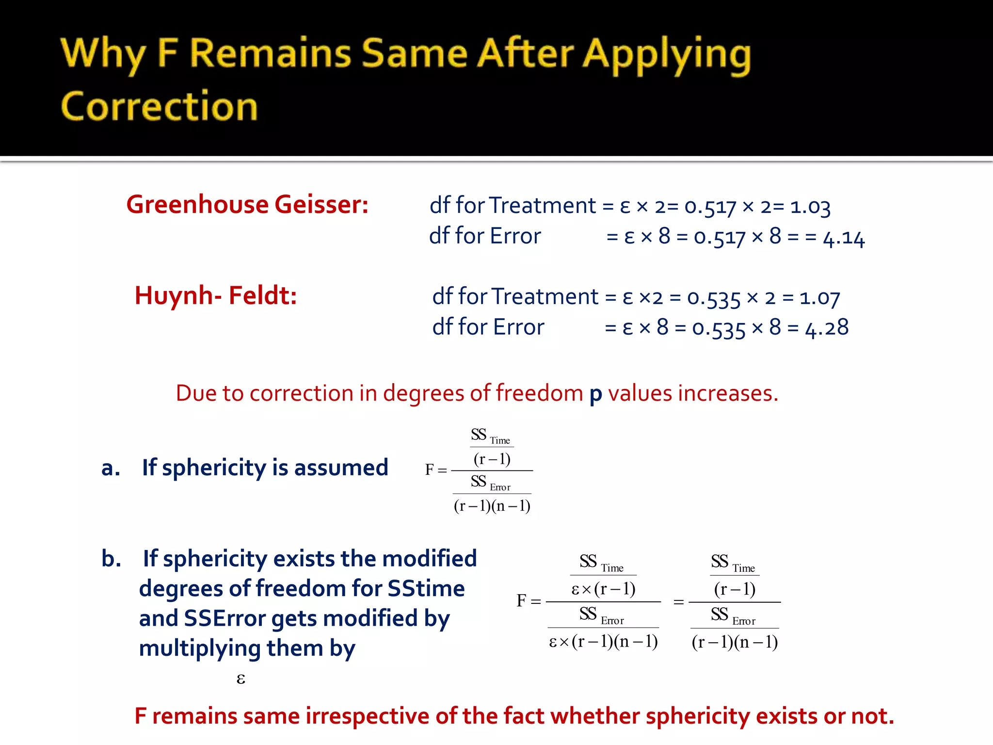 Greenhouse Geisser: df forTreatment = ε × 2= 0.517 × 2= 1.03
df for Error = ε × 8 = 0.517 × 8 = = 4.14
Huynh- Feldt: df forTreatment = ε ×2 = 0.535 × 2 = 1.07
df for Error = ε × 8 = 0.535 × 8 = 4.28
Due to correction in degrees of freedom p values increases.
)1n)(1r(
SS
)1r(
SS
F
Error
Time



)1n)(1r(
SS
)1r(
SS
F
Error
Time



)1n)(1r(
SS
)1r(
SS
Error
Time



a. If sphericity is assumed

b. If sphericity exists the modified
degrees of freedom for SStime
and SSError gets modified by
multiplying them by
F remains same irrespective of the fact whether sphericity exists or not.
 