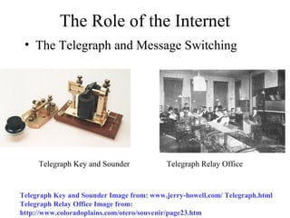The Role of the Internet
Telegraph Key and Sounder Image from: www.jerry-howell.com/ Telegraph.html
Telegraph Relay Office Image from:
http://www.coloradoplains.com/otero/souvenir/page23.htm
Telegraph Key and Sounder Telegraph Relay Office
• The Telegraph and Message Switching
 
