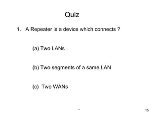 Quiz

1. A Repeater is a device which connects ?


      (a) Two LANs


      (b) Two segments of a same LAN


      (c) Two WANs



                         *                   15
 