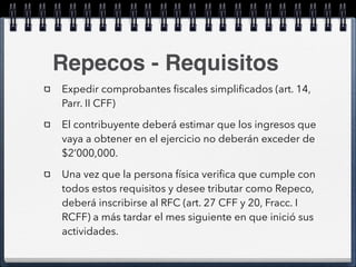 Repecos - Requisitos 
Expedir comprobantes fiscales simplificados (art. 14, 
Parr. II CFF) 
El contribuyente deberá estimar que los ingresos que 
vaya a obtener en el ejercicio no deberán exceder de 
$2’000,000. 
Una vez que la persona física verifica que cumple con 
todos estos requisitos y desee tributar como Repeco, 
deberá inscribirse al RFC (art. 27 CFF y 20, Fracc. I 
RCFF) a más tardar el mes siguiente en que inició sus 
actividades. 
 
