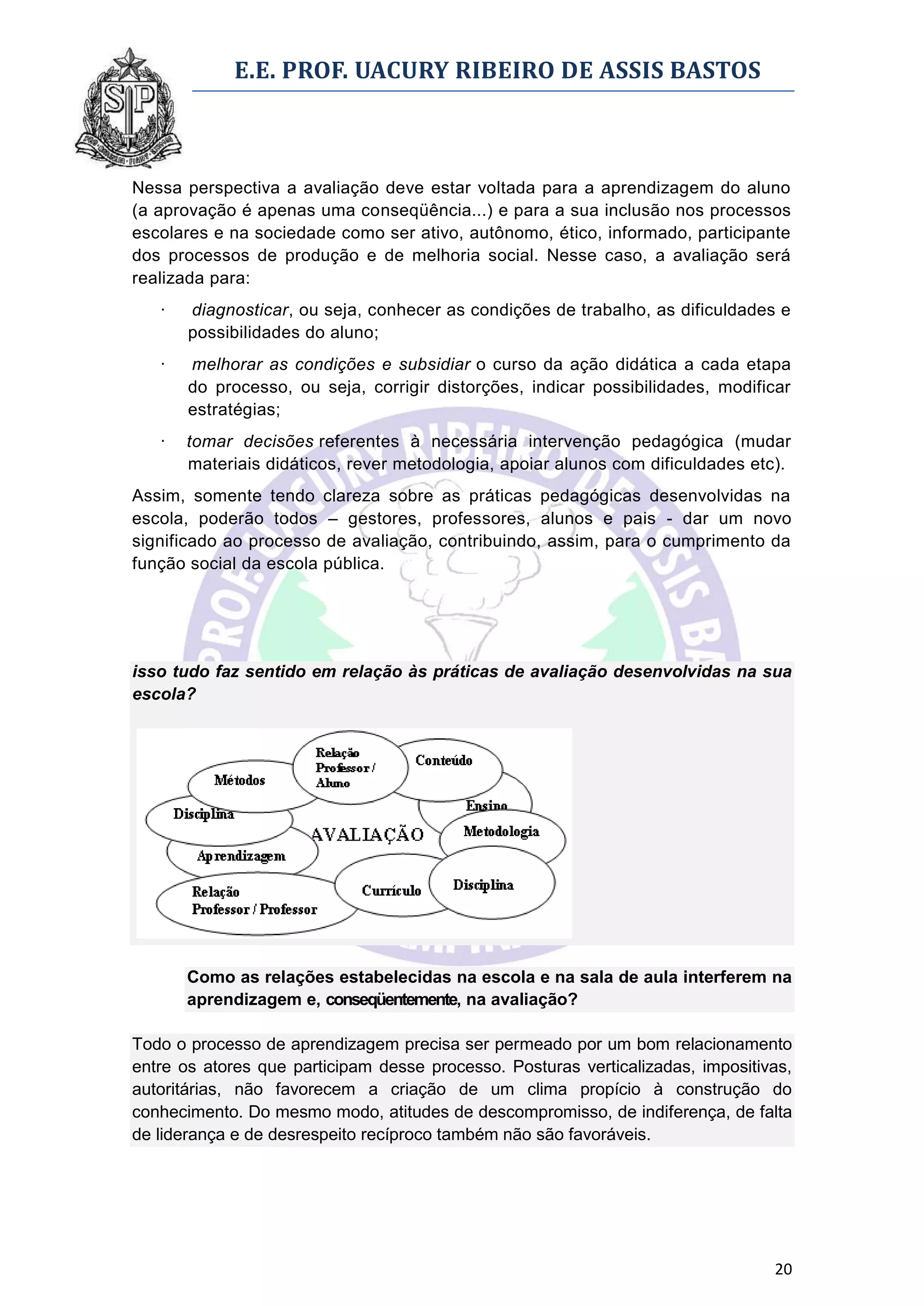 E.E. PROF. UACURY RIBEIRO DE ASSIS BASTOS



Nessa perspectiva a avaliação deve estar voltada para a aprendizagem do aluno
(a aprovação é apenas uma conseqüência...) e para a sua inclusão nos processos
escolares e na sociedade como ser ativo, autônomo, ético, informado, participante
dos processos de produção e de melhoria social. Nesse caso, a avaliação será
realizada para:
   ·   diagnosticar, ou seja, conhecer as condições de trabalho, as dificuldades e
       possibilidades do aluno;
   ·   melhorar as condições e subsidiar o curso da ação didática a cada etapa
       do processo, ou seja, corrigir distorções, indicar possibilidades, modificar
       estratégias;
   ·   tomar decisões referentes à necessária intervenção pedagógica (mudar
       materiais didáticos, rever metodologia, apoiar alunos com dificuldades etc).
Assim, somente tendo clareza sobre as práticas pedagógicas desenvolvidas na
escola, poderão todos – gestores, professores, alunos e pais - dar um novo
significado ao processo de avaliação, contribuindo, assim, para o cumprimento da
função social da escola pública.




isso tudo faz sentido em relação às práticas de avaliação desenvolvidas na sua
escola?




       Como as relações estabelecidas na escola e na sala de aula interferem na
       aprendizagem e, conseqüentemente, na avaliação?

Todo o processo de aprendizagem precisa ser permeado por um bom relacionamento
entre os atores que participam desse processo. Posturas verticalizadas, impositivas,
autoritárias, não favorecem a criação de um clima propício à construção do
conhecimento. Do mesmo modo, atitudes de descompromisso, de indiferença, de falta
de liderança e de desrespeito recíproco também não são favoráveis.




                                                                                 20
 