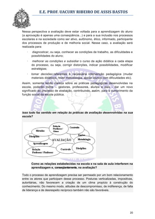 E.E. PROF. UACURY RIBEIRO DE ASSIS BASTOS



Nessa perspectiva a avaliação deve estar voltada para a aprendizagem do aluno
(a aprovação é apenas uma conseqüência...) e para a sua inclusão nos processos
escolares e na sociedade como ser ativo, autônomo, ético, informado, participante
dos processos de produção e de melhoria social. Nesse caso, a avaliação será
realizada para:
   ·   diagnosticar, ou seja, conhecer as condições de trabalho, as dificuldades e
       possibilidades do aluno;
   ·   melhorar as condições e subsidiar o curso da ação didática a cada etapa
       do processo, ou seja, corrigir distorções, indicar possibilidades, modificar
       estratégias;
   ·   tomar decisões referentes à necessária intervenção pedagógica (mudar
       materiais didáticos, rever metodologia, apoiar alunos com dificuldades etc).
Assim, somente tendo clareza sobre as práticas pedagógicas desenvolvidas na
escola, poderão todos – gestores, professores, alunos e pais - dar um novo
significado ao processo de avaliação, contribuindo, assim, para o cumprimento da
função social da escola pública.




isso tudo faz sentido em relação às práticas de avaliação desenvolvidas na sua
escola?




       Como as relações estabelecidas na escola e na sala de aula interferem na
       aprendizagem e, conseqüentemente, na avaliação?

Todo o processo de aprendizagem precisa ser permeado por um bom relacionamento
entre os atores que participam desse processo. Posturas verticalizadas, impositivas,
autoritárias, não favorecem a criação de um clima propício à construção do
conhecimento. Do mesmo modo, atitudes de descompromisso, de indiferença, de falta
de liderança e de desrespeito recíproco também não são favoráveis.




                                                                                 20
 