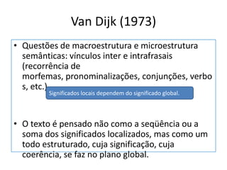 Van Dijk (1973)Questões de macroestrutura e microestrutura semânticas: vínculos inter e intrafrasais (recorrência de morfemas, pronominalizações, conjunções, verbos, etc.).O texto é pensado não como a seqüência ou a soma dos significados localizados, mas como um todo estruturado, cuja significação, cuja coerência, se faz no plano global. Significados locais dependem do significado global.