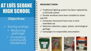 AT LUÍS SEOANE
HIGH SCHOOL
Objectives:
▪ Saving energy
▪ Reducing
garbage
▪ Increasing
community
awareness
MEASURES TAKEN:
✓ Traditional lighting system has been replaced by
a LED bulb system
✓ Double windows have been installed to retain
warmth
✓ Computer classrooms have now a more
extended use
✓ Selective collection: paper, plastic, technological
garbage.
✓ Campaigns on responsible consumption
 