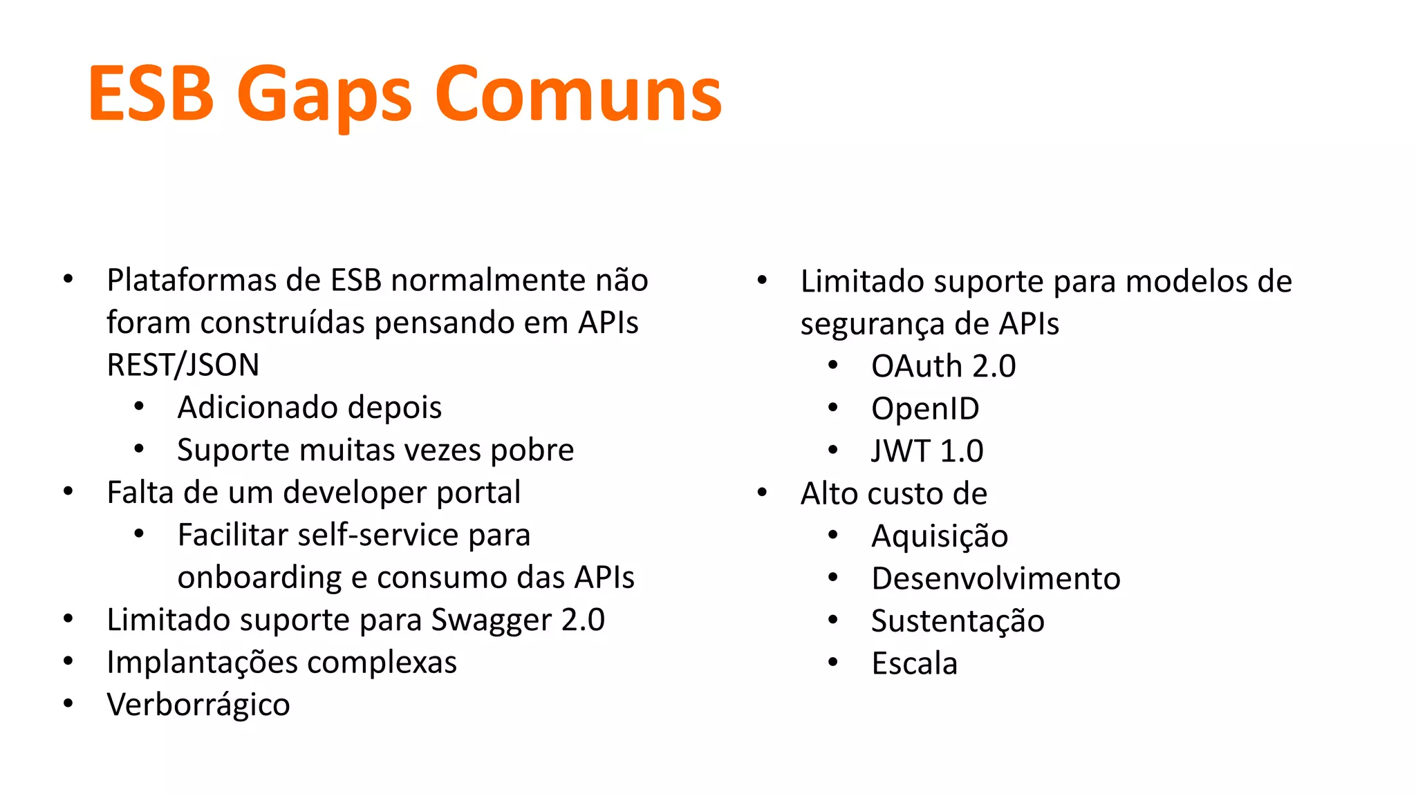 ESB Gaps Comuns
• Plataformas de ESB normalmente não
foram construídas pensando em APIs
REST/JSON
• Adicionado depois
• Suporte muitas vezes pobre
• Falta de um developer portal
• Facilitar self-service para
onboarding e consumo das APIs
• Limitado suporte para Swagger 2.0
• Implantações complexas
• Verborrágico
• Limitado suporte para modelos de
segurança de APIs
• OAuth 2.0
• OpenID
• JWT 1.0
• Alto custo de
• Aquisição
• Desenvolvimento
• Sustentação
• Escala
 