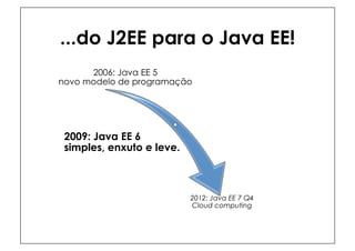 ...do J2EE para o Java EE!
      2006: Java EE 5
novo modelo de programação




 2009: Java EE 6
 simples, enxuto e leve.



                           2012: Java EE 7 Q4
                           Cloud computing
 
