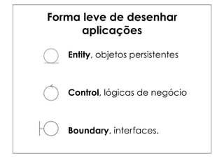 Forma leve de desenhar
      aplicações

   Entity, objetos persistentes



   Control, lógicas de negócio



   Boundary, interfaces.
 