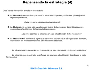 Unas breves definiciones a modo de recordatorio: La  Eficacia  no es nada más que hacer lo necesario, lo que sea y como sea, para lograr los objetivos planteados. ¿Debe primar la eficacia sobre la eficiencia? La  Eficiencia  no es nada más que el empleo óptimo de los recursos disponibles (siempre escasos) para la obtención de los resultados deseados. ¿Se debe sacrificar la eficiencia en aras a la obtención de los resultados? La  Efectividad  no es más que lograr que los hechos ocurran y que los objetivos se alcancen, equilibrando los recursos empleados y los resultados obtenidos. La eficacia tiene pues que ver con los resultados, está relacionada con lograr los objetivos. La eficiencia, por el contrario, se enfoca a los recursos, a la utilización de éstos de la mejor forma posible BICS Gestión Diversa S.L.     Repensando la estrategia (4) 