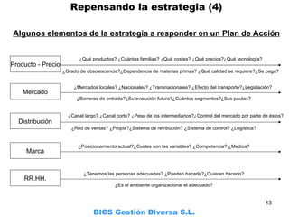 Algunos elementos de la estrategia a responder en un Plan de Acción BICS Gestión Diversa S.L.     Repensando la estrategia (4) Producto - Precio ¿Grado de obsolescencia?¿Dependencia de materias primas? ¿Qué calidad se requiere?¿Se paga? Mercado ¿Mercados locales? ¿Nacionales? ¿Transnacionales? ¿Efecto del transporte?¿Legislación? ¿Barreras de entrada?¿Su evolución futura?¿Cuántos segmentos?¿Sus pautas? Distribución ¿Canal largo? ¿Canal corto? ¿Peso de los intermediarios?¿Control del mercado por parte de éstos? ¿Red de ventas? ¿Propia?¿Sistema de retribución? ¿Sistema de control? ¿Logística? Marca ¿Posicionamiento actual?¿Cuáles son las variables? ¿Competencia? ¿Medios? RR.HH. ¿Tenemos las personas adecuadas? ¿Pueden hacerlo?¿Quieren hacerlo? ¿Es el ambiente organizacional el adecuado? ¿Qué productos? ¿Cuántas familias? ¿Qué costes? ¿Qué precios?¿Qué tecnología? 