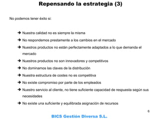 No podemos tener éxito si: Nuestra calidad no es siempre la misma No respondemos prestamente a los cambios en el mercado Nuestros productos no están perfectamente adaptados a lo que demanda el mercado Nuestros productos no son innovadores y competitivos No dominamos las claves de la distribución Nuestra estructura de costes no es competitiva No existe compromiso por parte de los empleados Nuestro servicio al cliente, no tiene suficiente capacidad de respuesta según sus necesidades No existe una suficiente y equilibrada asignación de recursos BICS Gestión Diversa S.L.     Repensando la estrategia (3) 