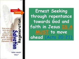 Regeneration 
Earnest 
Seeking 
Conversion 
Even when we 
were dead in 
sins, hath 
quickened us 
together with 
Christ, (by 
grace ye are 
saved;) 
(Ephesians 
2:5) 
How ye turned to God 
from idols to serve 
the living and true 
God. (1 Thessalonians 
1:9b) 
“BORN 
AGAIN” 
“ONLY” 
“BORN 
AGAIN” 
& BEING 
CONVERTED 
Sanctification 
Conviction 
Quickening 
Work out your own 
salvation with fear 
and trembling. For it 
is God which worketh 
in you both to will 
and to do of his good 
pleasure. (Phil. 
2:12b-13) 
 