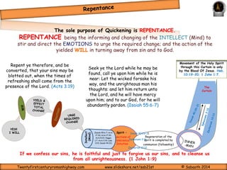 The Bible tells us: 
Seek ye the Lord while he may be found, call ye upon him while he is near: Let the wicked forsake 
his way, and the unrighteous man his thoughts: and let him return unto the Lord, and he will have 
mercy upon him; and to our God, for he will abundantly pardon. (Isaiah 55:6-7) 
And the times of this ignorance God winked at; but now commandeth all men every where to 
repent. (Acts 17:30) 
Repent therefore of this thy wickedness, and pray God, if perhaps the thought of thine heart 
may be forgiven thee. (Acts 8:22) 
Thus saith the LORD of hosts; Consider your ways. (Haggai 1:7) 
Repent ye therefore, and be converted, that your sins may be blotted out, when the times of 
refreshing shall come from the presence of the Lord. (Acts 3:19) 
I tell you, Nay: but, except ye repent, ye shall all likewise perish. (Luke 13:5) 
I have blotted out, as a thick cloud, thy transgressions, and, as a cloud, thy sins: return unto me; 
for I have redeemed thee. (Isaiah 44:22) 
Twentyfirstcenturyromanhighway.com www.slideshare.net/sab21st © Sabaoth 2014 
 