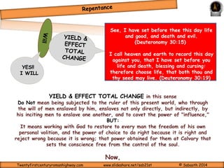 REPENTANCE 
Again, when a wicked man turns away from the wickedness which he committed, and does what is 
lawful and right, he preserves himself alive. Because he considers and turns away from all the 
transgressions which he committed, he shall surely live; he shall not die. Yet the house of Israel 
says, ‘The way of the Lord is not fair.’ O house of Israel, is it not My ways which are fair, and 
your ways which are not fair? “Therefore I will judge you, O house of Israel, every one according 
to his ways,” says the Lord God. “Repent, and turn from all your transgressions, so that iniquity 
will not be your ruin. (Ezekiel 18:27-30) 
Twentyfirstcenturyromanhighway.com www.slideshare.net/sab21st © Sabaoth 2014 
 