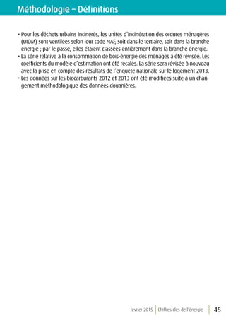 février 2015 Chiffres clés de l’énergie 45
• Pour les déchets urbains incinérés, les unités d’incinération des ordures ménagères
(UIOM) sont ventilées selon leur code NAF, soit dans le tertiaire, soit dans la branche
énergie ; par le passé, elles étaient classées entièrement dans la branche énergie.
• La série relative à la consommation de bois-énergie des ménages a été révisée. Les
coefficients du modèle d’estimation ont été recalés. La série sera révisée à nouveau
avec la prise en compte des résultats de l’enquête nationale sur le logement 2013.
• Les données sur les biocarburants 2012 et 2013 ont été modifiées suite à un chan-
gement méthodologique des données douanières.
	
Méthodologie – Définitions
 