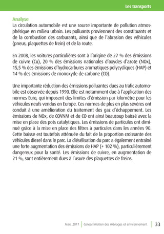 les transports

Analyse
La circulation automobile est une source importante de pollution atmos-
phérique en milieu urbain. Les polluants proviennent des constituants et
de la combustion des carburants, ainsi que de l’abrasion des véhicules
(pneus, plaquettes de frein) et de la route.

En 2008, les voitures particulières sont à l’origine de 27 % des émissions
de cuivre (Cu), 20 % des émissions nationales d’oxydes d’azote (NOx),
15,5 % des émissions d’hydrocarbures aromatiques polycycliques (HAP) et
14 % des émissions de monoxyde de carbone (CO).

Une importante réduction des émissions polluantes dues au trafic automo-
bile est observée depuis 1990. Elle est notamment due à l’application des
normes Euro, qui imposent des limites d’émission par kilomètre pour les
véhicules neufs vendus en Europe. Ces normes de plus en plus sévères ont
conduit à une amélioration du traitement des gaz d’échappement. Les
émissions de NOx, de COVNM et de CO ont ainsi beaucoup baissé avec la
mise en place des pots catalytiques. Les émissions de particules ont dimi-
nué grâce à la mise en place des filtres à particules dans les années 90.
Cette baisse est toutefois atténuée du fait de la proportion croissante des
véhicules diesel dans le parc. La diésélisation du parc a également entraîné
une forte augmentation des émissions de HAP (+ 102 %), particulièrement
dangereux pour la santé. Les émissions de cuivre, en augmentation de
21 %, sont entièrement dues à l’usure des plaquettes de freins.




                            Mars 2011   Consommation des ménages et environnement   33
 