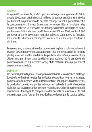 les déchets

Analyse
La quantité de déchets produits par les ménages a augmenté de 20 %
depuis 2000, pour atteindre 29,5 millions de tonnes en 2008, soit 459 kg
par habitant. La production de déchets ménagers évolue parallèlement à
la consommation. Elle est également fortement liée à l’évolution des
modes de collecte. La croissance des tonnages collectés s’explique en partie
par l’augmentation du parc de déchèteries (4 500 en 2008, contre 2 800
en 2000) et par le développement des collectes séparatives. À l’inverse,
les quantités d’ordures ménagères collectées en mélange tendent à
diminuer.

En quinze ans, la composition des ordures ménagères a substanciellement
changé, faisant notamment apparaître une plus grande quantité de déchets
plastiques et de textiles sanitaires. La poubelle des ménages contient par
ailleurs une part importante de déchets putrescibles (30 % en 2007), de
papiers cartons (16 %), de verre (6 %), et de métaux (3 %) qui pourraient
en partie être valorisés.
Définition
Les déchets produits par les ménages comprennent les ordures en mélange
(poubelle ordinaire), toutes les collectes séparatives (verre, plastiques,
papiers-cartons, déchets verts, encombrants) et les apports en déchèteries.
La production de déchets par les ménages est estimée à partir d’enquêtes
réalisées par l’Ademe sur les déchets municipaux. Celles-ci permettent de
connaître les tonnages, la composition des déchets municipaux, et la part
des ménages dans l’ensemble des déchets collectés par le service public.




                            Mars 2011   Consommation des ménages et environnement   45
 