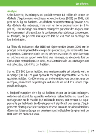 les déchets

Analyse
Selon l’Ademe, les ménages ont produit environ 1,3 million de tonnes de
déchets d’équipements électriques et électroniques (DEEE) en 2008, soit
près de 20 kg par habitant. Ces déchets ne représentent qu’environ 5 %
des déchets des ménages, mais sont en forte augmentation (+ 3 %
par an). Leur mélange aux ordures ménagères présente des risques pour
l’environnement et la santé, car ils contiennent des substances dangereuses
ou toxiques, qui peuvent être rejetées lors de leur mise en décharge ou
leur incinération.

La filière de traitement des DEEE est réglementée depuis 2006 sur le
principe de la responsabilité élargie des producteurs, par le biais des éco-
organismes. Seule une partie de ces déchets est collectée sélectivement
en déchèteries par apport volontaire des ménages, ou récupérée lors de
l’achat d’un matériel neuf. En 2008, 283 500 tonnes de DEEE ménagers ont
été collectées, soit 4,5 kg par habitant.

Sur les 273 500 tonnes traitées, une majeure partie est orientée vers le
recyclage (80 %). Les gros appareils ménagers représentent 59 % des
quantités traitées. 43 000 tonnes ont été orientées vers des structures de
réemploi, permettant de prolonger la durée de vie de 4 715 tonnes d’ap-
pareils ménagers.

Si l’objectif européen de 4 kg par habitant et par an de DEEE ménagers
collectés est atteint, les quantités collectées restent faibles au regard des
tonnages mis sur le marché (1,5 million de tonnes, soit environ 8,6 équi-
pements par habitant). Le développement significatif des ventes d’équi-
pements électriques et électroniques observé au cours des deux dernières
décennies laisse présager un accroissement inéluctable du gisement de
DEEE dans les années à venir.




                             Mars 2011   Consommation des ménages et environnement   47
 