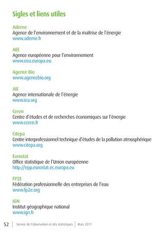 sigles et liens utiles
     Ademe
     Agence de l’environnement et de la maîtrise de l’énergie
     www.ademe.fr

     AEE
     Agence européenne pour l’environnement
     www.eea.europa.eu

     Agence Bio
     www.agencebio.org

     AIE
     Agence internationale de l’énergie
     www.iea.org

     Ceren
     Centre d’études et de recherches économiques sur l’énergie
     www.ceren.fr

     Citepa
     Centre interprofessionnel technique d’études de la pollution atmosphérique
     www.citepa.org

     Eurostat
     Office statistique de l’Union européenne
     http://epp.eurostat.ec.europa.eu

     FP2E
     Fédération professionnelle des entreprises de l’eau
     www.fp2e.org

     IGN
     Institut géographique national
     www.ign.fr

52     Service de l’observation et des statistiques   Mars 2011
 