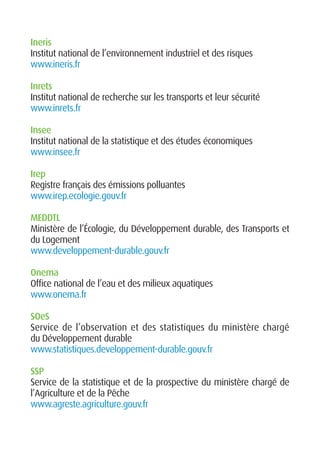 Ineris
Institut national de l’environnement industriel et des risques
www.ineris.fr

Inrets
Institut national de recherche sur les transports et leur sécurité
www.inrets.fr

Insee
Institut national de la statistique et des études économiques
www.insee.fr

Irep
Registre français des émissions polluantes
www.irep.ecologie.gouv.fr

MEDDTL
Ministère de l’Écologie, du Développement durable, des Transports et
du Logement
www.developpement-durable.gouv.fr

Onema
Office national de l’eau et des milieux aquatiques
www.onema.fr

SOeS
Service de l’observation et des statistiques du ministère chargé
du Développement durable
www.statistiques.developpement-durable.gouv.fr

SSP
Service de la statistique et de la prospective du ministère chargé de
l’Agriculture et de la Pêche
www.agreste.agriculture.gouv.fr
 