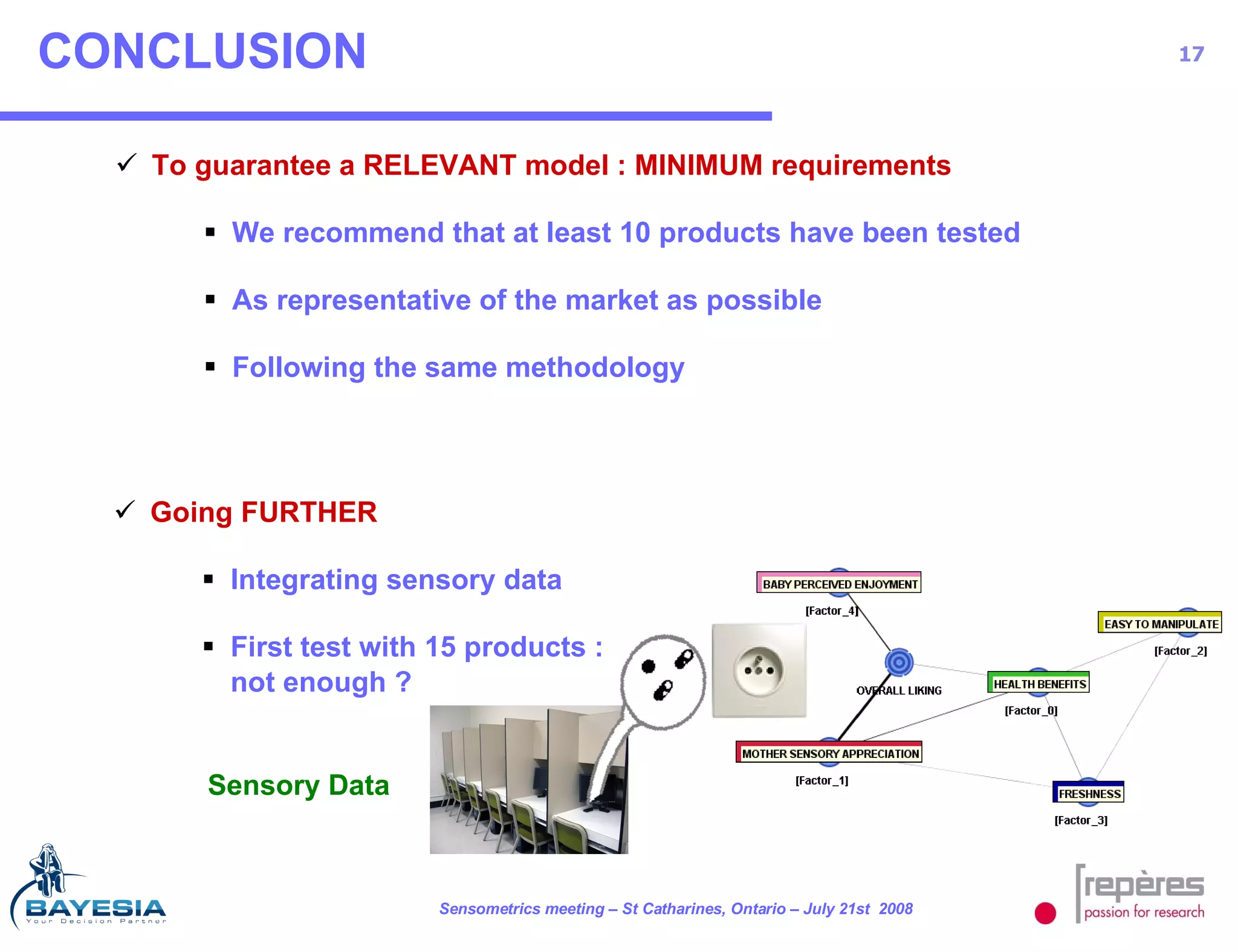 CONCLUSION To guarantee a RELEVANT model : MINIMUM requirements We recommend that at least 10 products have been tested As representative of the market as possible Following the same methodology Going FURTHER Integrating sensory data  First test with 15 products :  not enough ? Sensory Data 