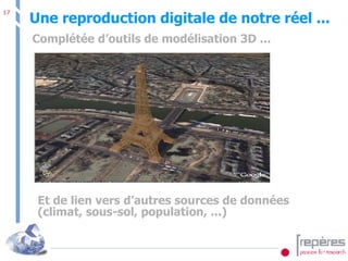Une reproduction digitale de notre réel ... Complétée d’outils de modélisation 3D ... Et de lien vers d’autres sources de données (climat, sous-sol, population, ...) 