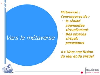 Vers le métaverse Métaverse : Convergence de : la réalité augmentée  virtuellement  Des espaces virtuels persistants => Vers une fusion du réel et du virtuel 