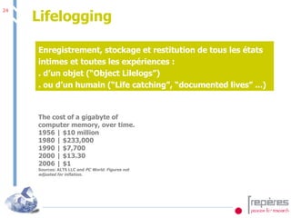 Lifelogging  Enregistrement, stockage et restitution de tous les états intimes et toutes les expériences : . d’un objet (“Object Lilelogs”) . ou d’un humain (“Life catching”, “documented lives” ...) The cost of a gigabyte of computer memory, over time. 1956 | $10 million  1980 | $233,000  1990 | $7,700  2000 | $13.30  2006 | $1  Sources: ALTS LLC and  PC World. Figures not adjusted for inflation. 