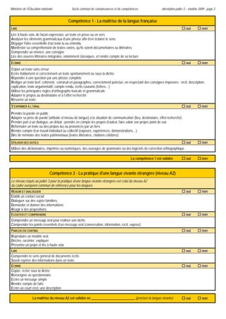 Ministère de l’Éducation nationale               Socle commun de connaissances et de compétences                    attestation palier 3 – modèle 2009 - page 2


                                                Compétence 1 - La maîtrise de la langue française
    LIRE                                                                                                                               oui          non
    Lire à haute voix, de façon expressive, un texte en prose ou en vers
    Analyser les éléments grammaticaux d’une phrase afin d’en éclairer le sens
    Dégager l’idée essentielle d’un texte lu ou entendu
    Manifester sa compréhension de textes variés, qu’ils soient documentaires ou littéraires
    Comprendre un énoncé, une consigne
    Lire des œuvres littéraires intégrales, notamment classiques, et rendre compte de sa lecture
    ECRIRE                                                                                                                             oui          non
    Copier un texte sans erreur
    Ecrire lisiblement et correctement un texte spontanément ou sous la dictée
    Répondre à une question par une phrase complète
    Rédiger un texte bref, cohérent, construit en paragraphes, correctement ponctué, en respectant des consignes imposées : récit, description,
    explication, texte argumentatif, compte rendu, écrits courants (lettres…)
    Utiliser les principales règles d’orthographe lexicale et grammaticale
    Adapter le propos au destinataire et à l’effet recherché
    Résumer un texte
    S’EXPRIMER À L’ORAL                                                                                                                oui          non
    Prendre la parole en public
    Adapter sa prise de parole (attitude et niveau de langue) à la situation de communication (lieu, destinataire, effet recherché)
    Prendre part à un dialogue, un débat : prendre en compte les propos d’autrui, faire valoir son propre point de vue
    Reformuler un texte ou des propos lus ou prononcés par un tiers
    Rendre compte d’un travail individuel ou collectif (exposés, expériences, démonstrations…)
    Dire de mémoire des textes patrimoniaux (textes littéraires, citations célèbres)
    UTILISER DES OUTILS                                                                                                                oui          non
    Utiliser des dictionnaires, imprimés ou numériques, des ouvrages de grammaire ou des logiciels de correction orthographique

                                                                                             La compétence 1 est validée               oui          non


                                 Compétence 2 - La pratique d'une langue vivante étrangère (niveau A2)
    Le niveau requis au palier 3 pour la pratique d’une langue vivante étrangère est celui du niveau A2
    du cadre européen commun de référence pour les langues.
    RÉAGIR ET DIALOGUER                                                                                                                oui          non
    Etablir un contact social
    Dialoguer sur des sujets familiers
    Demander et donner des informations
    Réagir à des propositions.
    ECOUTER ET COMPRENDRE                                                                                                              oui          non
    Comprendre un message oral pour réaliser une tâche.
    Comprendre les points essentiels d’un message oral (conversation, information, récit, exposé).
    PARLER EN CONTINU                                                                                                                  oui          non
    Reproduire un modèle oral.
    Décrire, raconter, expliquer.
    Présenter un projet et lire à haute voix.
    LIRE                                                                                                                               oui          non
    Comprendre le sens général de documents écrits
    Savoir repérer des informations dans un texte.
    ECRIRE                                                                                                                             oui          non
    Copier, écrire sous la dictée
    Renseigner un questionnaire
    Ecrire un message simple
    Rendre compte de faits
    Ecrire un court récit, une description

                    La maîtrise du niveau A2 est validée en _________________________ (préciser la langue vivante)                     oui          non



 
 