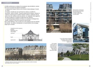 Un édifice architectural est composé d'un ou plusieurs corps de bâtiment, construit
entre terre et ciel selon trois séquences principales :
- le soubassement marque l'assise au sol et asssure la liaison physique et visuelle
au terrain ;
- les façades, ensemble des murs qui ferment les volumes, accueillent les
percements - portes et fenêtres - assurent la liaison entre les espaces intérieurs et
extérieurs et laissent passer la lumière naturelle à l'intérieur. Composées ainsi de
pleins et de vides, rythmées selon des systèmes de composition, elles supportent
des décors rapportés ou résultant de l'agencement des matériaux ;
- le couvrement protège le bâtiment. Sa forme et ses matériaux le distinguent des
façades. Gouttières et descentes évacuent les eaux de pluie.
Dans certains bâtiments, l'une ou l'autre de ces trois séquences peut être minimale,
voire absente : des édifices contemporains se résument parfois à une enveloppe
unique qui les constitue.

Réinterprétation contemporaine
des trois séquences principales.
Immeuble de logements
sur le parc de Bercy à Paris,
Jean-Pierre Buffi.

L'édifice et ses composantes

L'extérieur

Composition selon trois séquences
principales.
Villa Rotonda (1570),
Andrea Palladio
couvrement

façade
Le toit comme principe d’intégration
des différents corps de bâtiment.
Immeuble de bureaux à Paris,
Norman Foster.

soubassement

Une enveloppe
continue réalise à la
fois la toiture et les
façades de l’édifice.
Musée Paul Klee
à Bâle (Suisse),
Renzo Piano, RPBW.

L’importance relative de chacune des séquences peut varier sans altérer le rythme d’ensemble.
Rue de Rivoli à Paris, Percier et Fontaine.

24

25

 