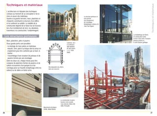 Techniques et matériaux

Techniques et matériaux
L’architecture est tributaire des techniques
connues au moment de sa conception et de la
mise en œuvre des matériaux.
Soumis à la gravité terrestre, murs, planchers et
charpente constituent la structure d'un édifice
et lui confèrent sa solidité. La stabilité de la
construction dépend de la nature du sol d’assise :
lors d'un tremblement de terre, les vibrations,
transmises à la construction, l’endommagent.

La structure porteuse en
acier permet
une transparence
de l’enveloppe.
Médiathèque à Reims (51),
Jean-Paul Viguier.

Les structures porteuses
Murs, planchers, piles et poutres.
Deux grands partis sont possibles :
- le montage de murs pleins en matériaux
massifs, terre, pierre ou brique dont la tenue en
empilement peut être confortée par un liant, le
mortier ;
- l’assemblage d’une ossature de poteaux et de
poutres fermée par une enveloppe.
Dans les deux cas, chaque niveau peut être
composé de planchers formés de poutres et de
solives recouvertes d’un parquet ou d’un
carrelage posé sur hourdis (remplissage entre les
solives) ou de dalles en béton armé.

Colonnes, arcs
et architraves.
Villa Hadriana
(IIe siècle après
J.-C.), Tivoli
(Italie).

Décomposition des efforts
dans une structure.

Maçonnerie de briques.
Séville, Rafael Moneo.

36

La médiathèque de Reims
en construction révèle
un face à face entre l’ossature
poteaux-poutres et
le chef-d’œuvre gothique.

La construction en pierre
massive reste actuelle.
Cave vinicole à Nizas (34),
Gilles Perraudin.

37

 