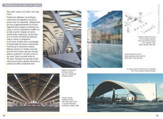 Techniques et matériaux

Matériaux et mise en œuvre
Bois, pierre, brique, acier, béton, verre, polymères...
Pendant des millénaires, les techniques
constructives ont exploité les ressources
locales. Avec l'ère industrielle, l'élargissement
des aires d'approvisionnement lié au développement des transports et matériaux nouveaux a, à la fois, profondément modifié l’art
de bâtir et permis l’adoption de formes
architecturales audacieuses. Au XIXe siècle,
le fer et la fonte ont donné des bâtiments
élancés, aériens et transparents ;
au XXe siècle, le béton armé a accompagné
la transformation des formes architecturales
inventées par le mouvement moderne.
Matériau universel, il s'emploie aussi bien
pour des murs massifs, que pour des piles,
poutres ou planchers, des porte-à-faux ou
des voiles. Dans la seconde moitié du
XXe siècle, l'invention d'un procédé de fabrication de verre plat en grandes dimensions a
autorisé des édifices totalement vitrés.

Système d’attache des verres
d’un mur-rideau suspendu.
Serres de la Cité des sciences
et de l’industrie à Paris,
Adrien Fainsilber, Peter Rice.

Façade et plancher en verre.
Musée des Beaux-arts de Lille (59),
Myrto Vitart et Jean-Marc Ibos.

Audacieux travail sur les
structures en béton.
Gare TGV à Satolas (69),
Santiago Calatrava.

La coque en béton du CNIT lors de sa rénovation.
CNIT, Paris-La Défense, Bernard Zehrfuss.

Grande charpente
métallique à rotules.
Halle Tony Garnier (1928)
à Lyon (69). Rénovation
par Reichen et Robert (1989).

42

43

 